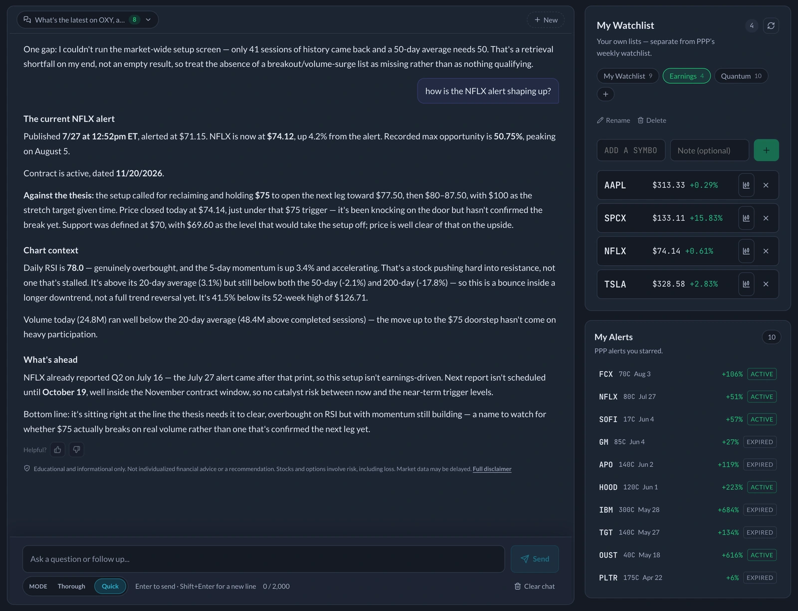 Historical My Desk screenshot with Watt conversation, a personal watchlist and saved alerts