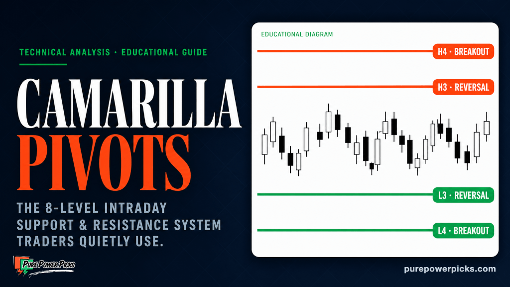 Camarilla Pivots: The 8-level intraday support and resistance system, with educational diagram showing H4 breakout, H3 reversal, L3 reversal, and L4 breakout levels around a range of candlesticks