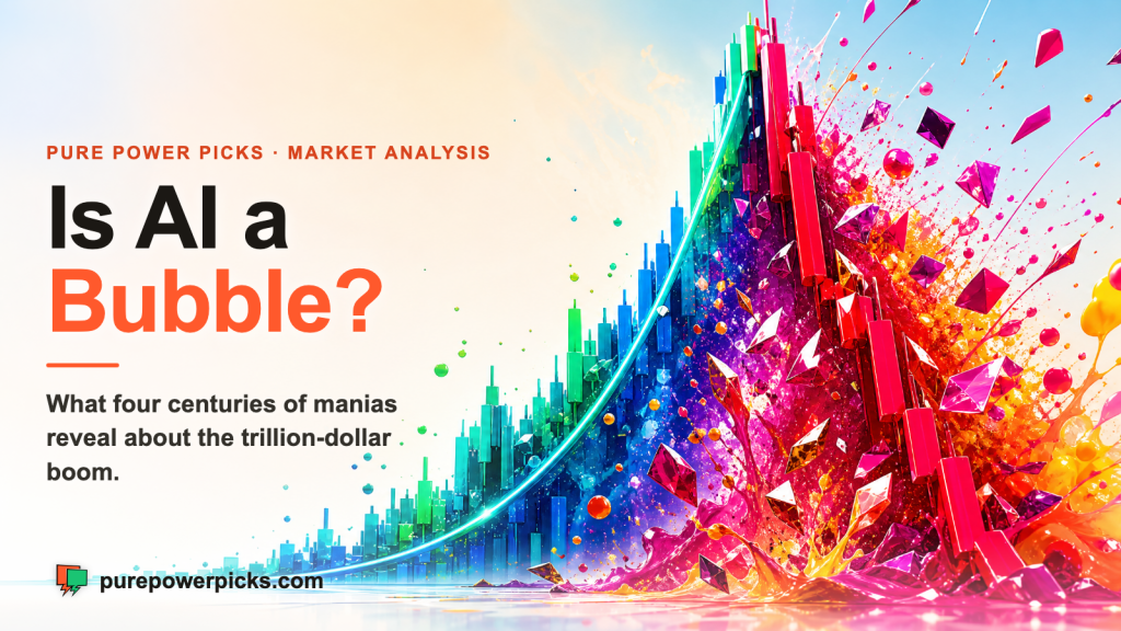 Is AI a bubble? A glowing AI brain and chip inside a fragile soap bubble with a needle approaching, over a city of data centers and a stock chart