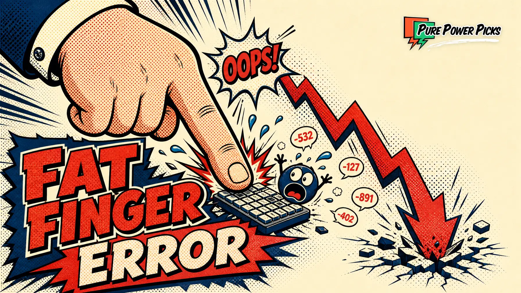Fat finger error: a giant finger hits the wrong key as the market crashes, pop-art style