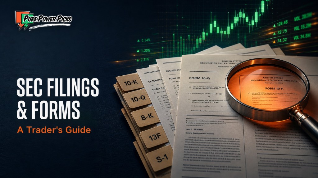SEC filings and forms including 10-K, 10-Q, 8-K, 13F and S-1 documents under a magnifying glass, a trader's guide