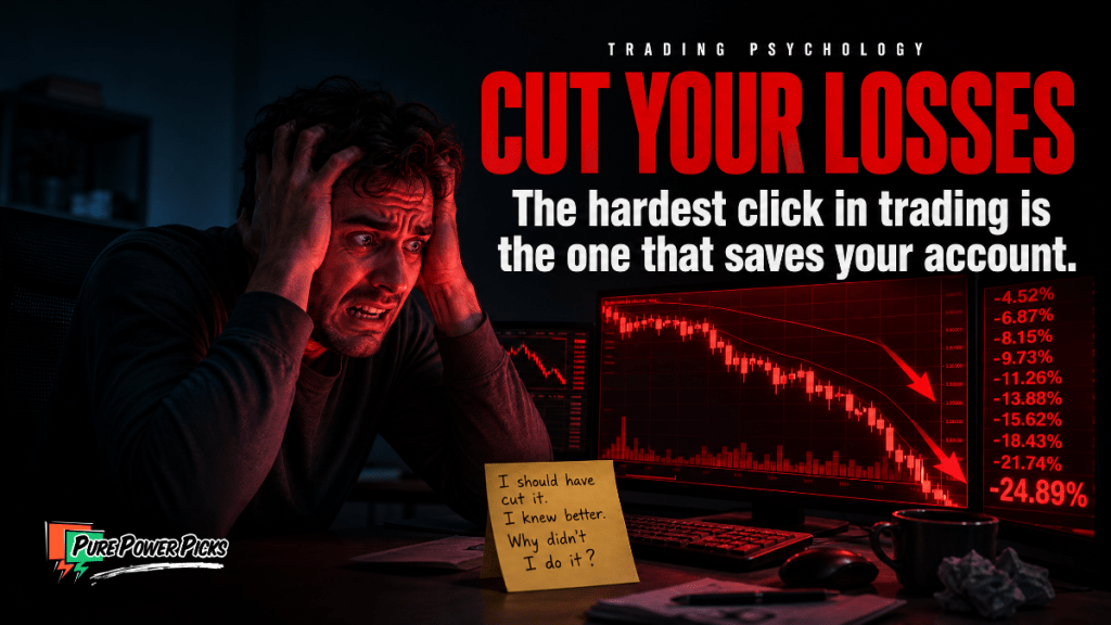 A panicked trader grips his head as a stock chart crashes in red, beside a note reading I should have cut it — when to cut your losses, Pure Power Picks