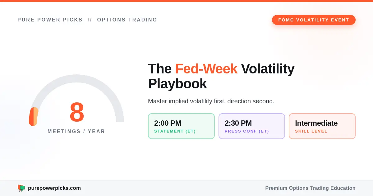Hero stat card showing the FOMC schedule of 8 meetings per year with key announcement times at 2:00 PM and 2:30 PM ET and an intermediate skill level.