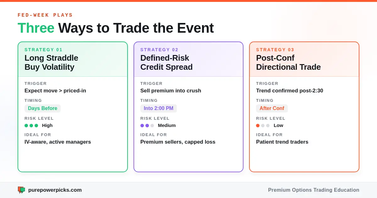 Three strategy cards comparing a long straddle, a defined-risk credit spread, and a post-conference directional trade across trigger, timing, and risk level.
