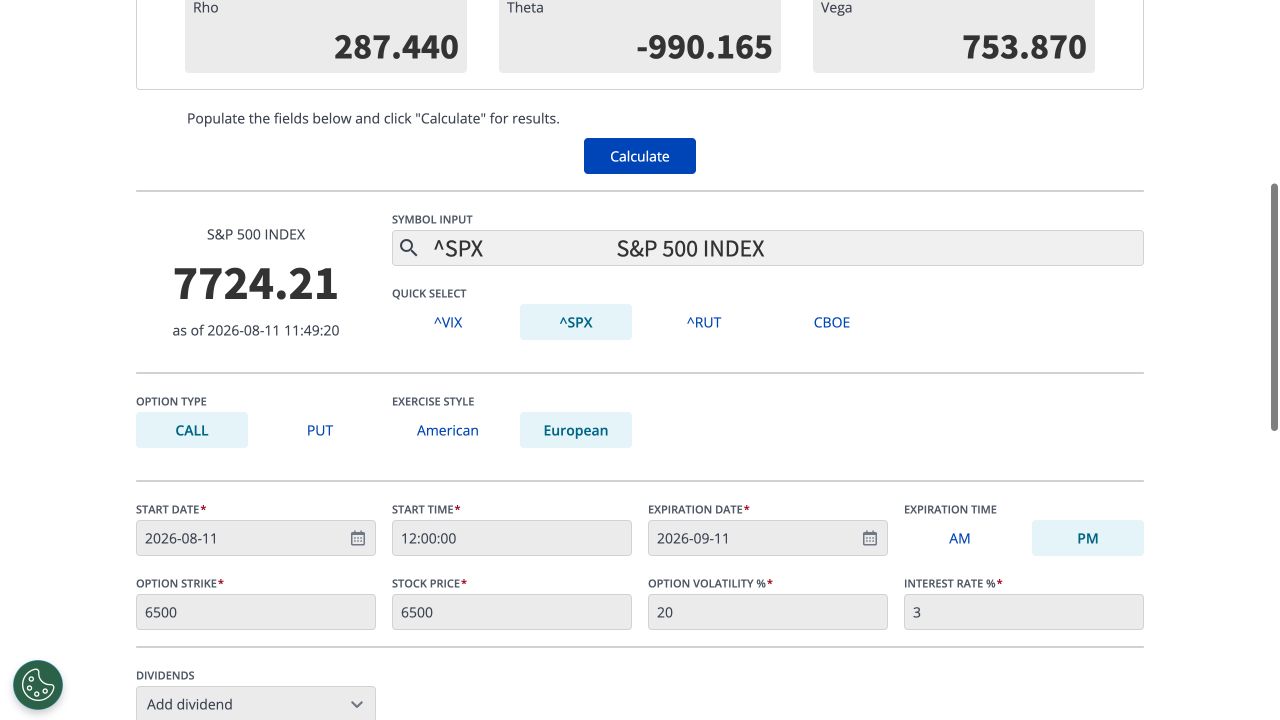 Cboe Options Calculator inputs for an SPX call with European exercise, August 11 to September 11, 6500 strike and price, 20 percent volatility, and 3 percent rate
