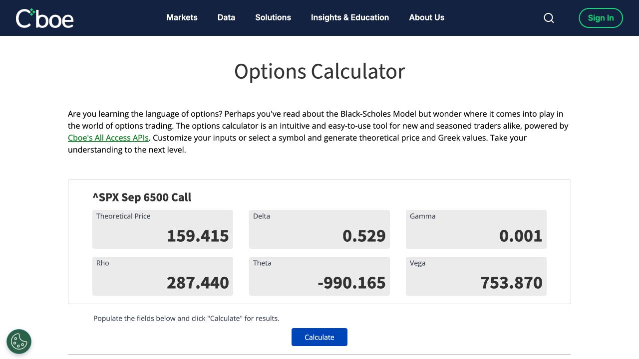 Live Cboe Options Calculator test showing an SPX 6500 call theoretical price of 159.415 and five Greek outputs