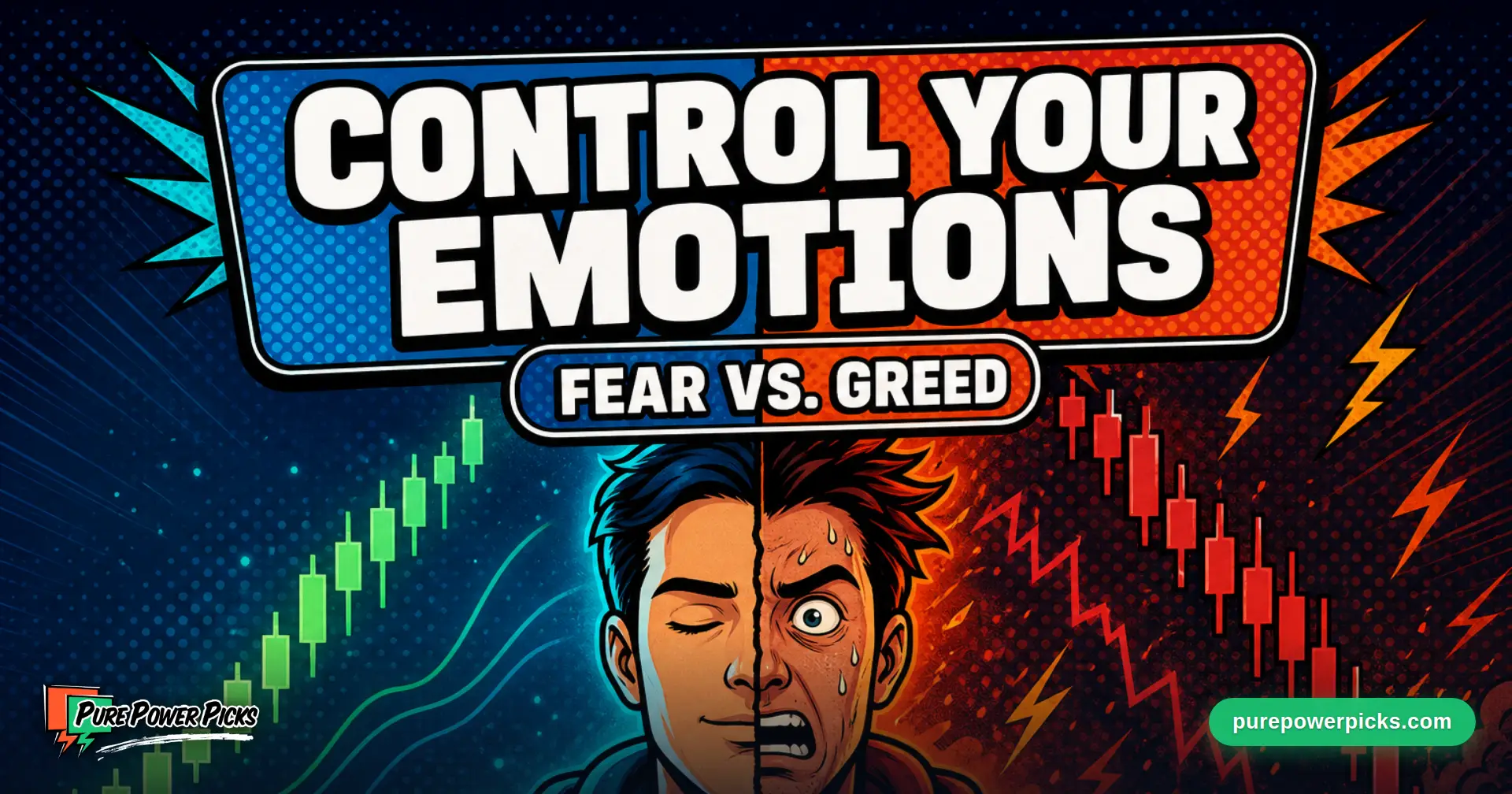 Split illustration of a trader staying calm versus panicking, titled Control Your Emotions: Fear vs. Greed — 6 tips to control emotions in trading from Pure Power Picks