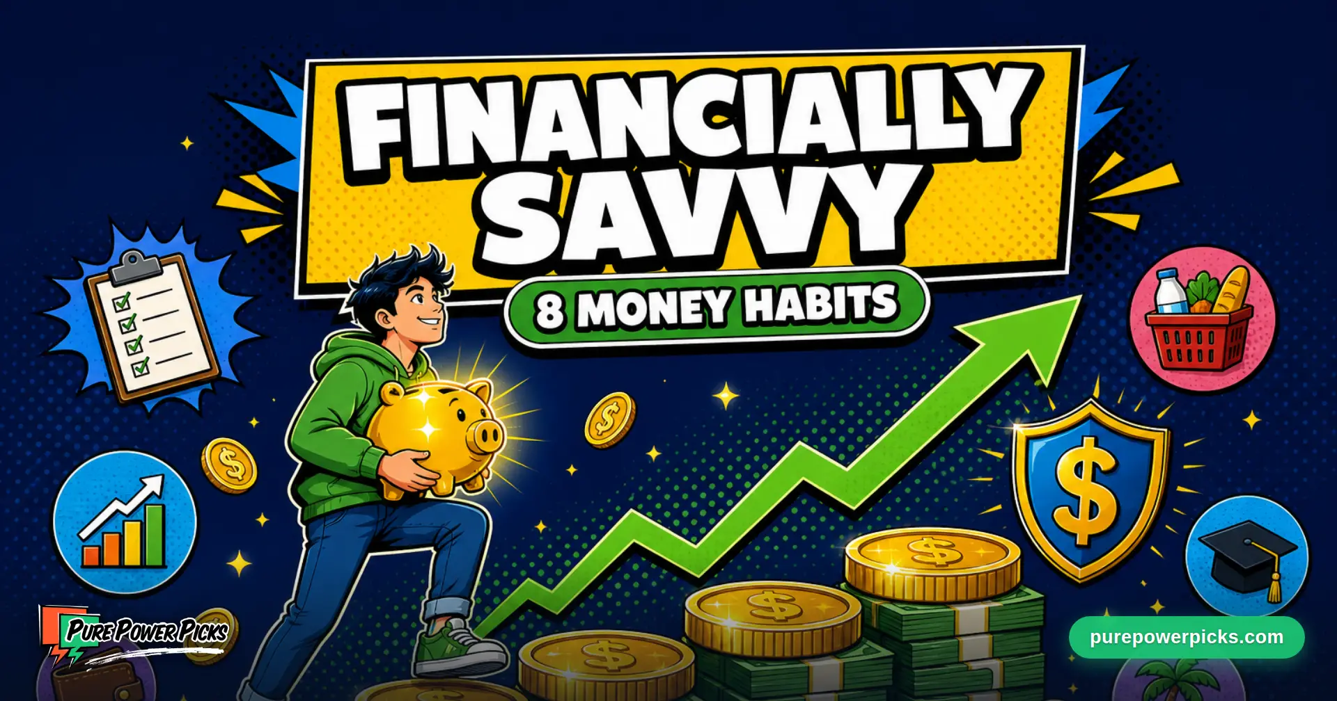 Pop-art illustration of a saver climbing coins with a piggy bank, titled Financially Savvy: 8 Money Habits — from Pure Power Picks