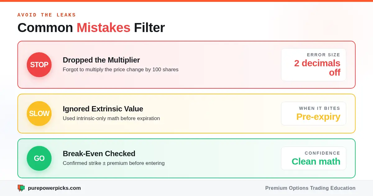 Traffic-light graphic highlighting option multiplier, extrinsic value, and break-even calculation mistakes.
