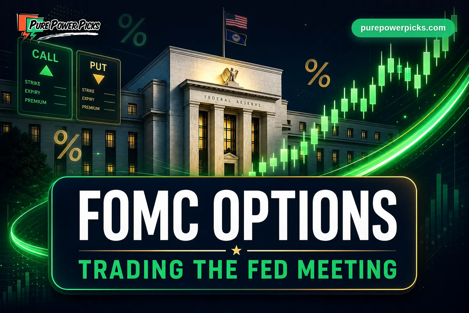 Pure Power Picks featured image: Federal Reserve building with a rising green options candlestick chart, titled FOMC Options, Trading the Fed Meeting