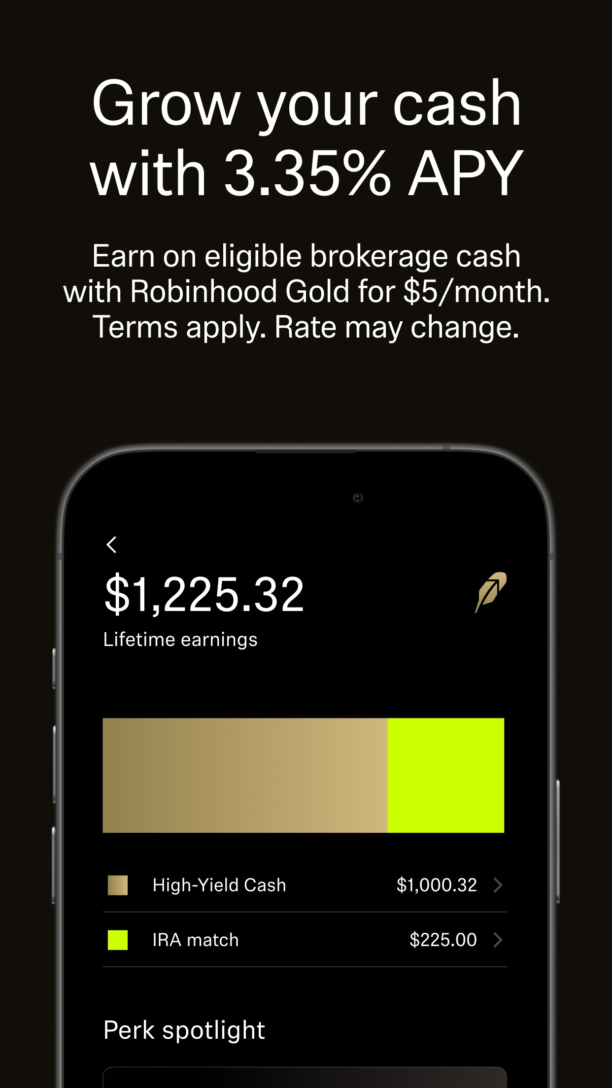 Robinhood Gold screen showing 3.35% APY on brokerage cash for $5 per month — official App Store screenshot