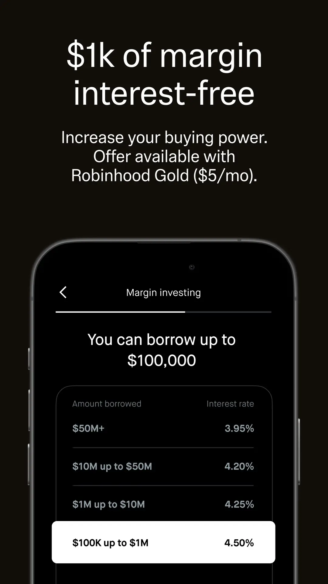 Robinhood Gold margin rate tiers — official App Store screenshot