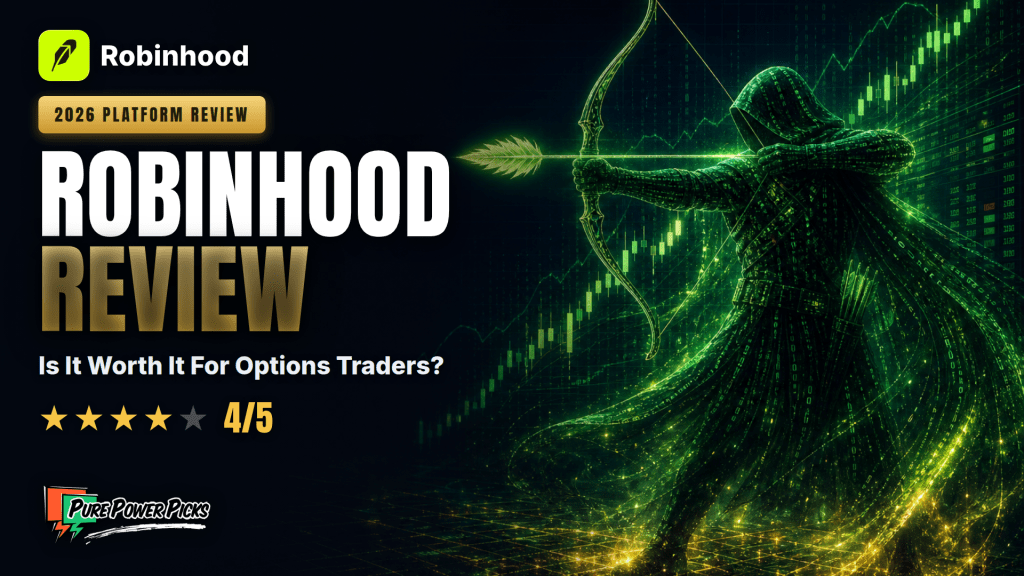 Robinhood Review 2026 cover with the Robinhood feather app icon and a glowing green archer over candlestick charts, rated 4 out of 5 by Pure Power Picks