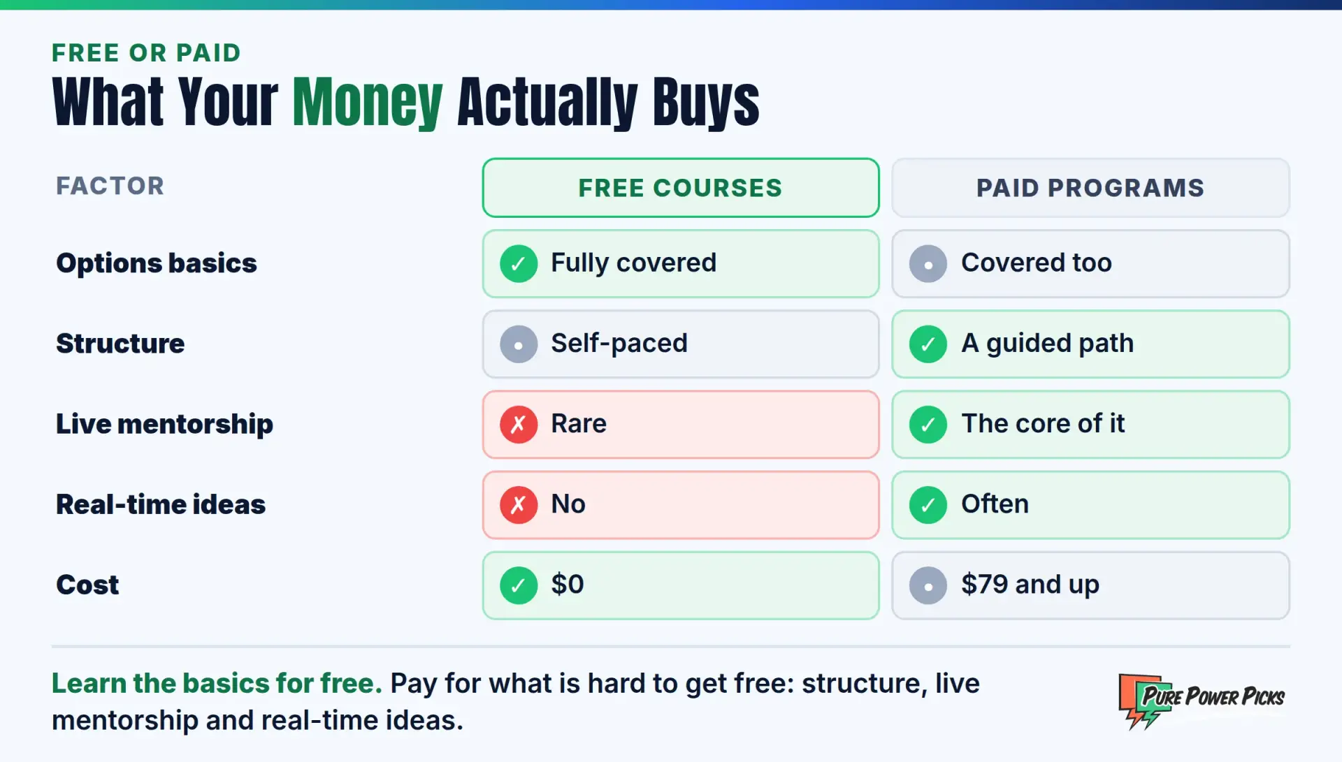 Free options courses versus paid programs: both cover the basics, while paid programs add structure, live mentorship and real-time ideas, from $79 and up