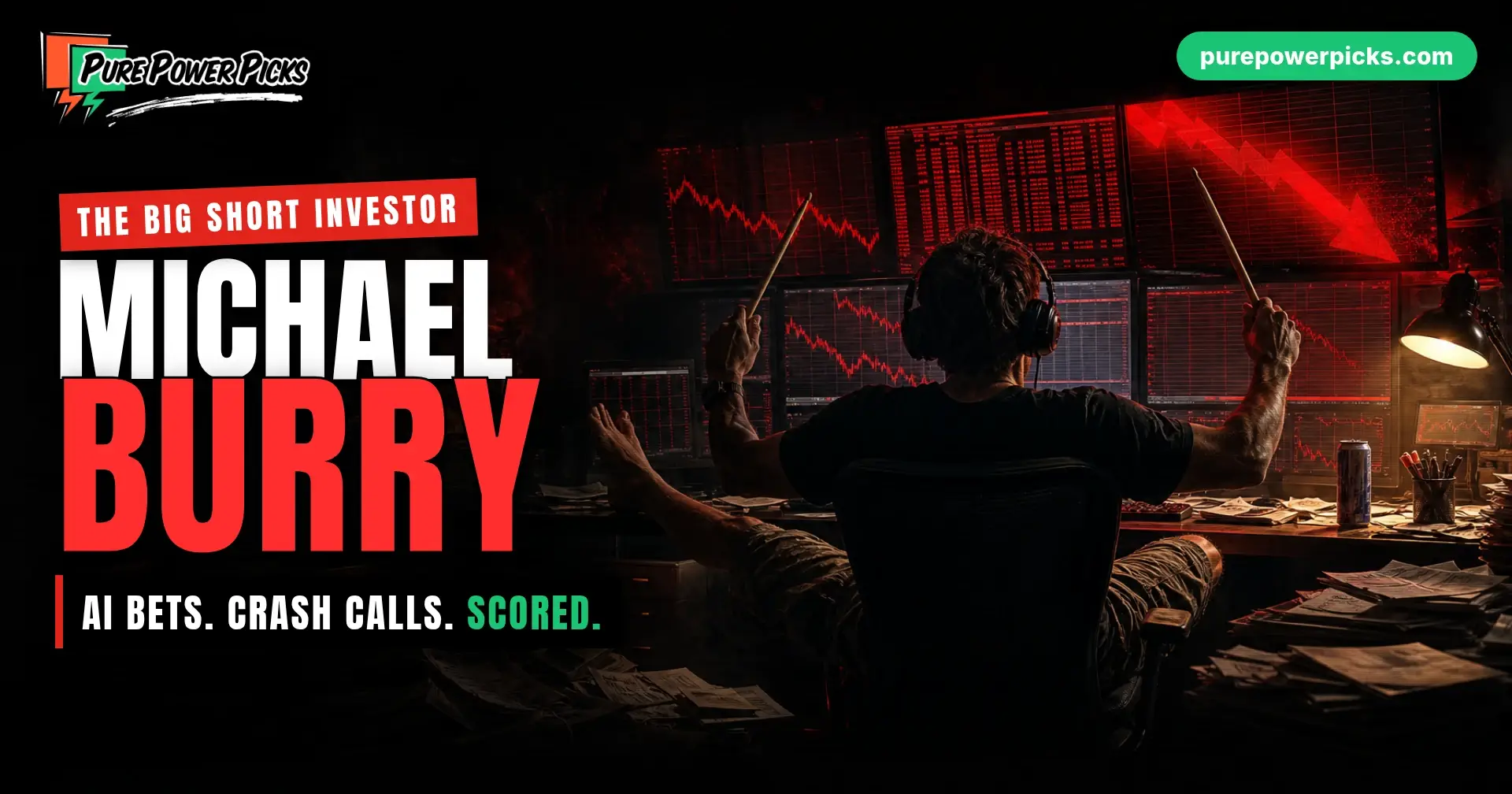 Michael Burry, The Big Short investor: his AI bets and crash calls, scored. Illustration of a contrarian investor in headphones drumming in front of crashing market screens.