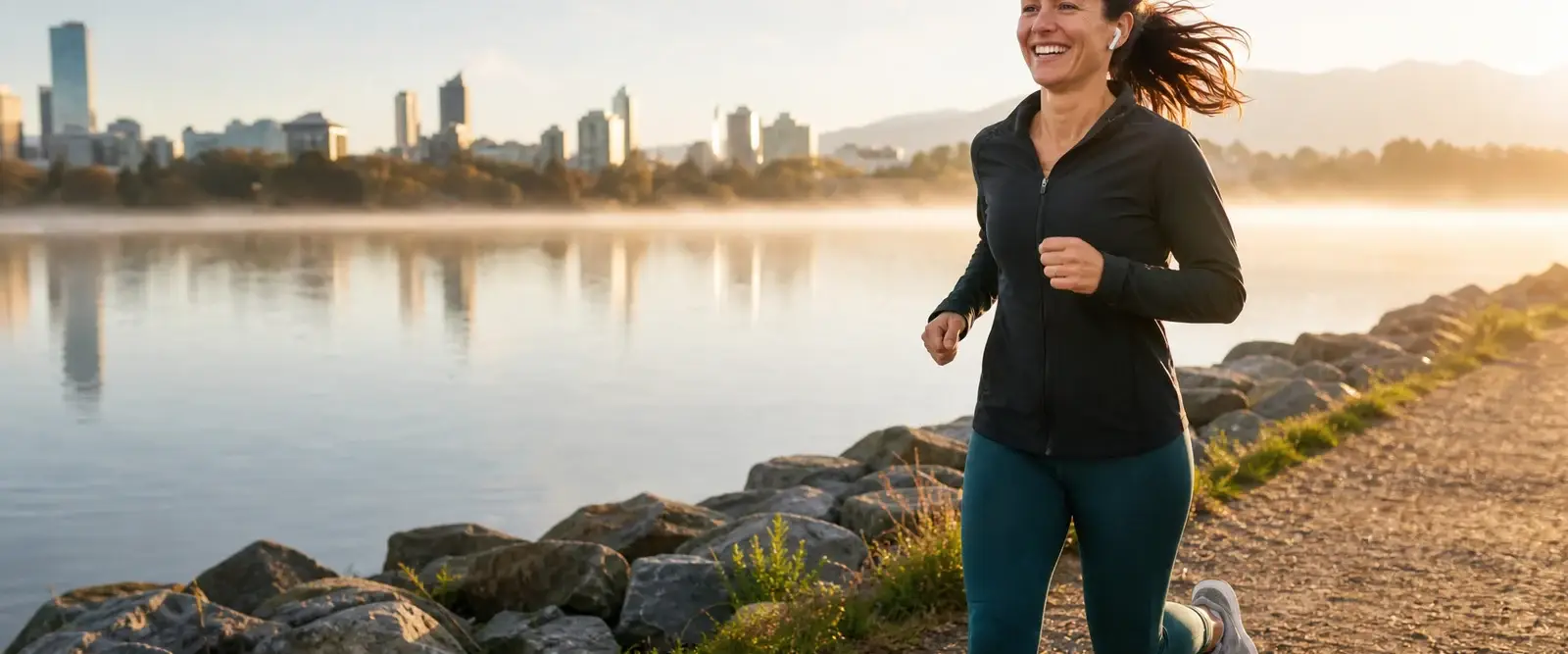 A woman running along a waterfront trail at sunrise