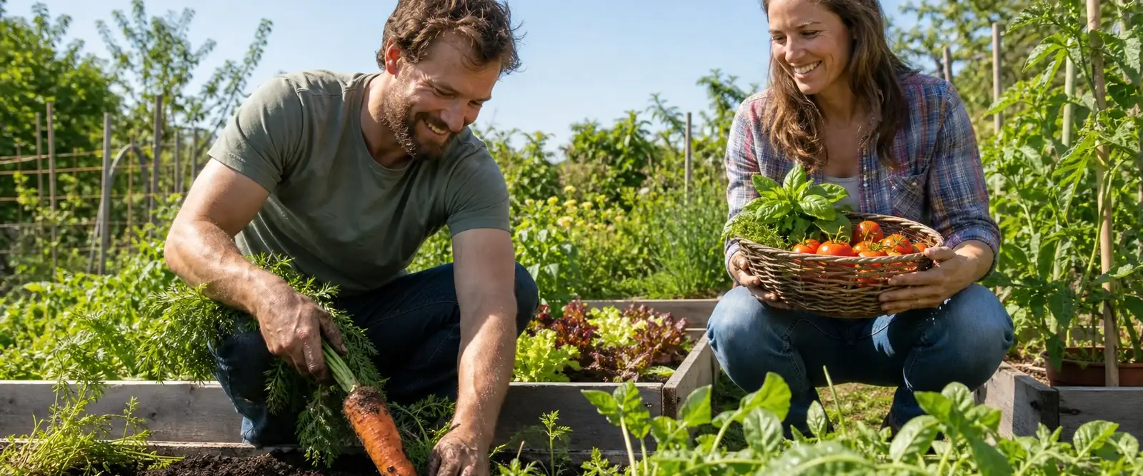 A couple harvesting carrots and tomatoes in a backyard garden