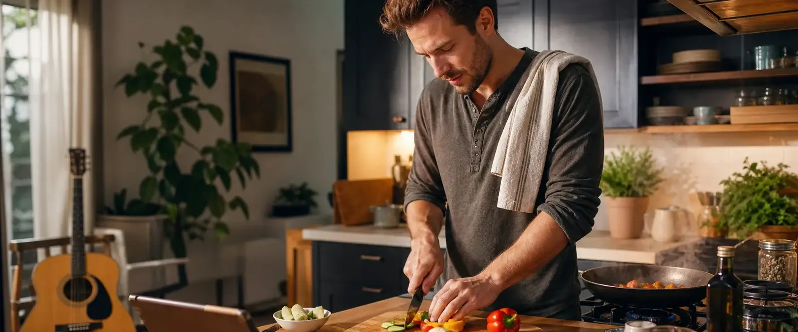 A man learning to cook, chopping vegetables with a recipe on a tablet