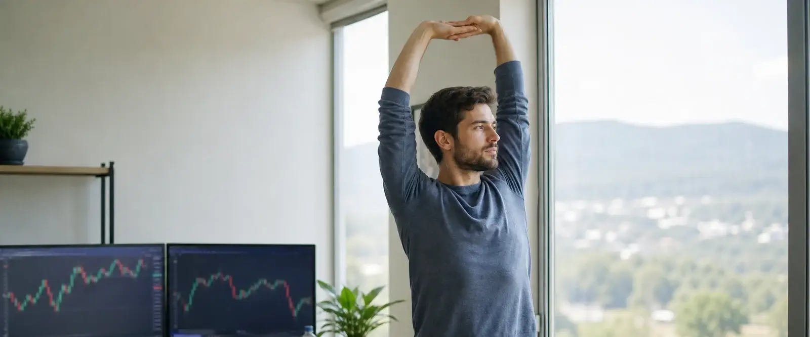 A trader standing to stretch beside a two monitor desk, looking out a bright window