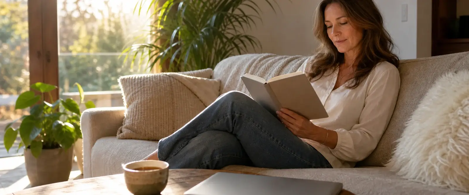 A woman reading a book on a sunlit sofa with her laptop closed on the coffee table