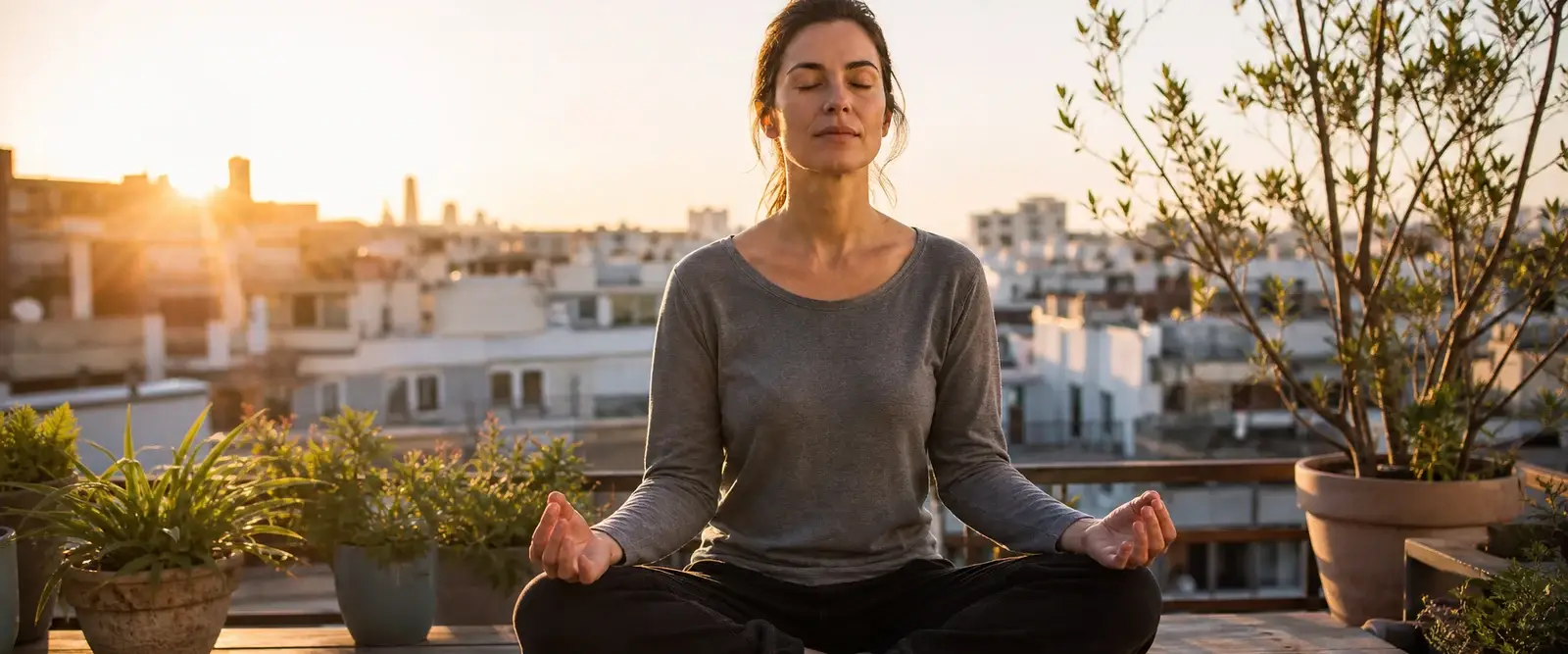 A woman meditating cross legged on a sunny balcony at sunrise with a glass of water beside her