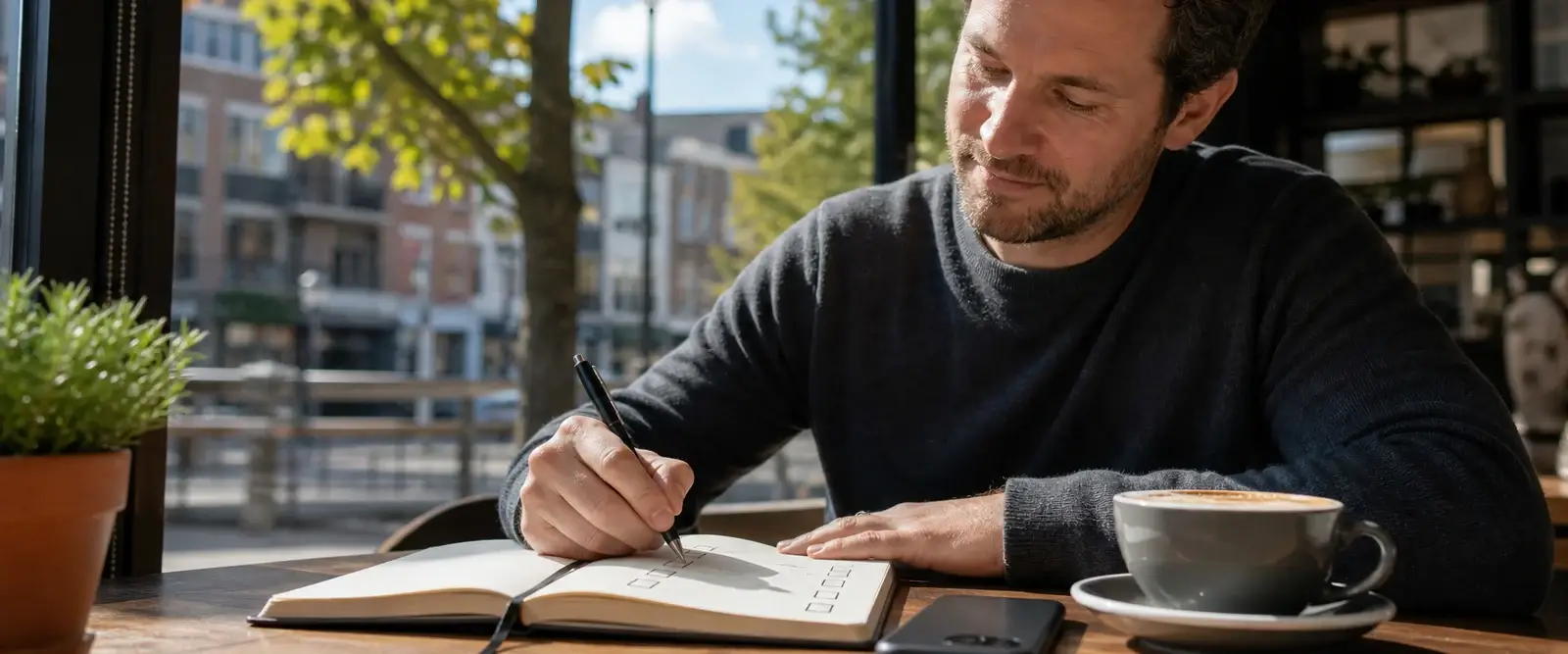 A man writing a weekly review in a paper journal at a cafe window table with a cappuccino