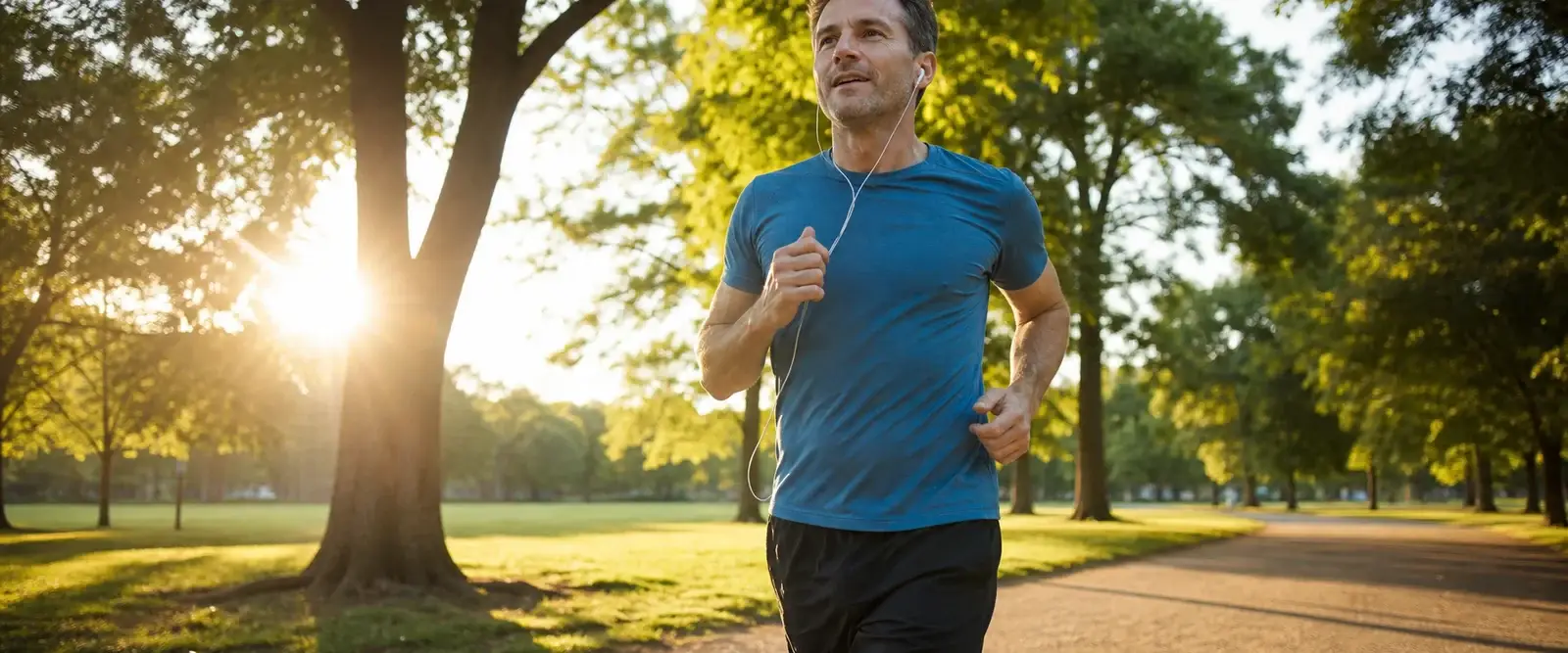 A man jogging on a sunny tree lined park path in the early morning